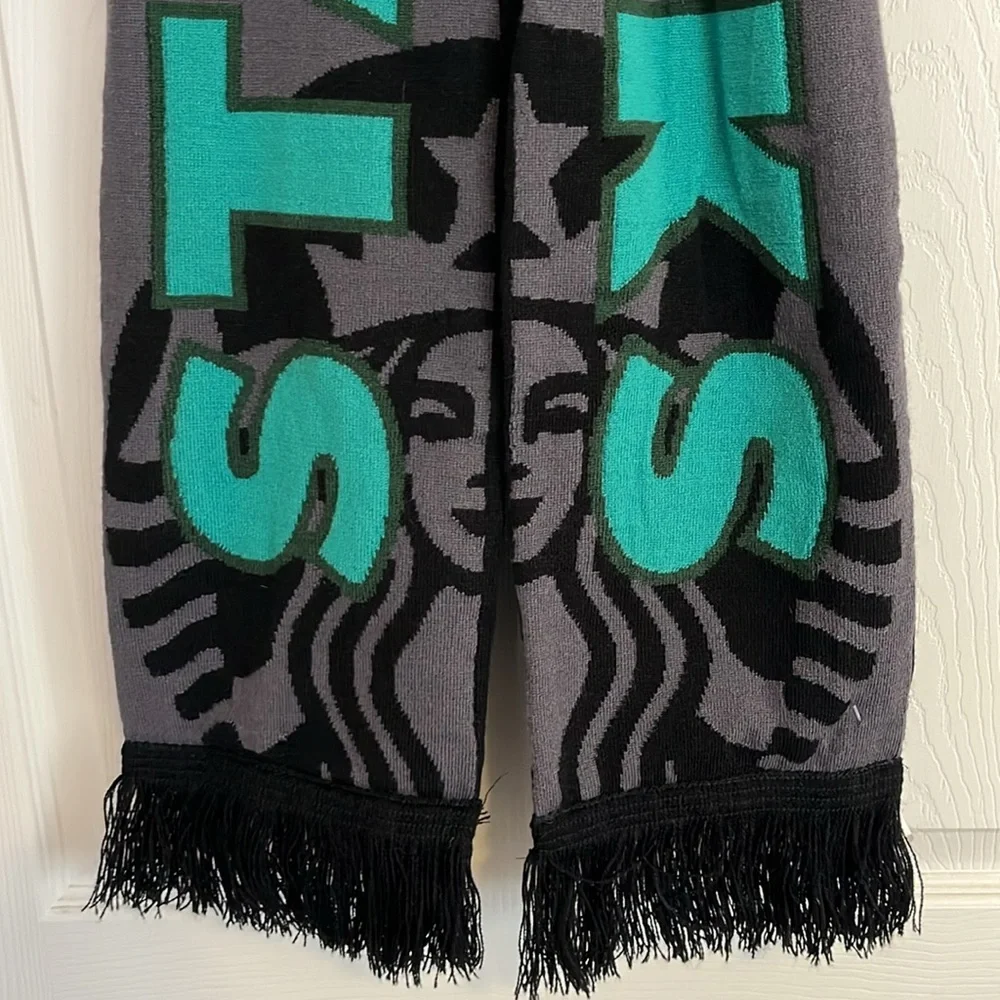NWT Starbucks Gray, Green & Black Reversible Knit Fringed Scarf Mermaid Unisex